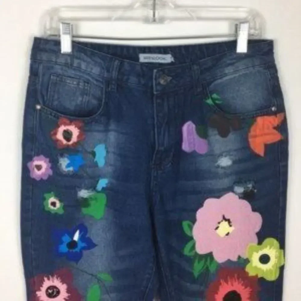 Mislook Floral Painted Tapered Leg Denim Medium